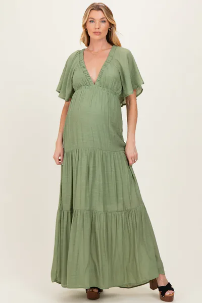 PinkBlush Light Olive Flutter Sleeve Maternity Maxi Dress