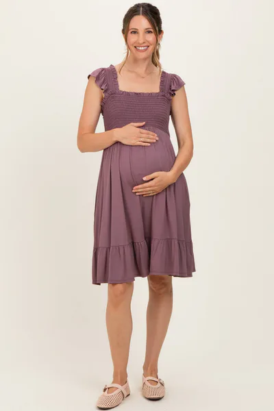 PinkBlush Plum Smocked Tiered Maternity Mini Dress