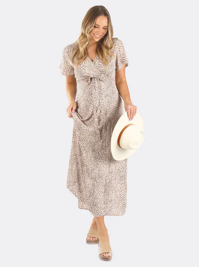 Angel Maternity Isabella Beige Leopard Print Maternity & Nursing Wrap Dress