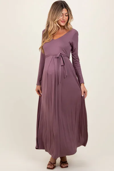 PinkBlush Mauve V-Neck Long Sleeve Sash Tie Maternity Maxi Dress