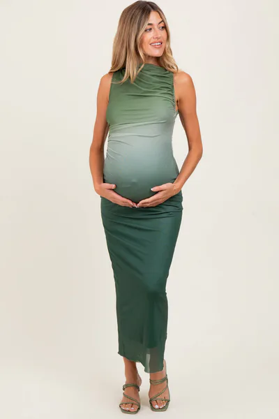 PinkBlush Forest Green Ombre Mesh Ruched Sleeveless Maternity Midi Dress
