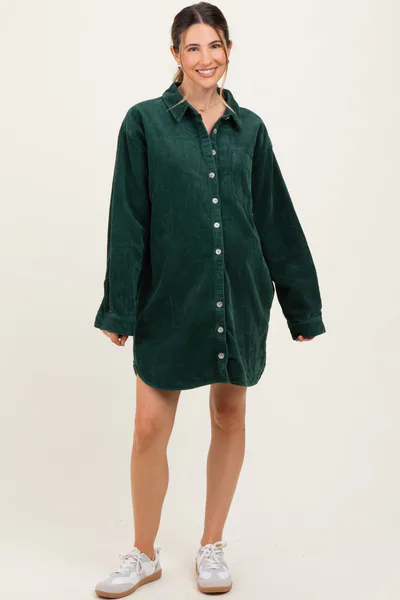 PinkBlush Forest Green Corduroy Maternity Shirt Mini Dress