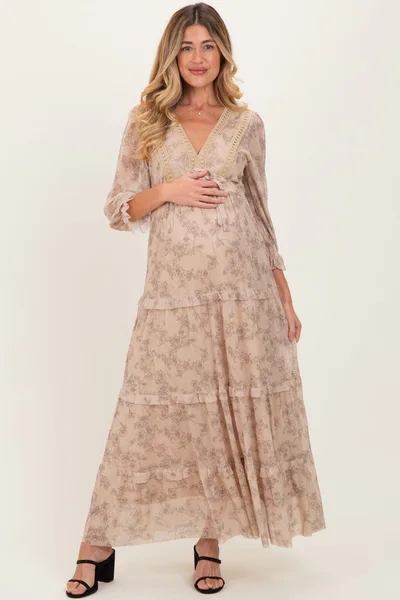 PinkBlush Camel Floral Mesh Overlay Lace Trim Maternity Maxi Dress