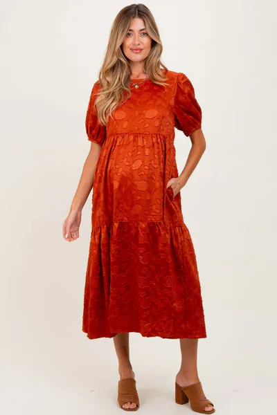 PinkBlush Rust Floral Jacquard Tie Detail Maternity Midi Dress