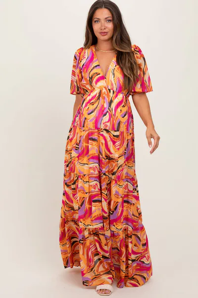 PinkBlush Magenta Brushstroke Print Tiered Maternity Maxi Dress