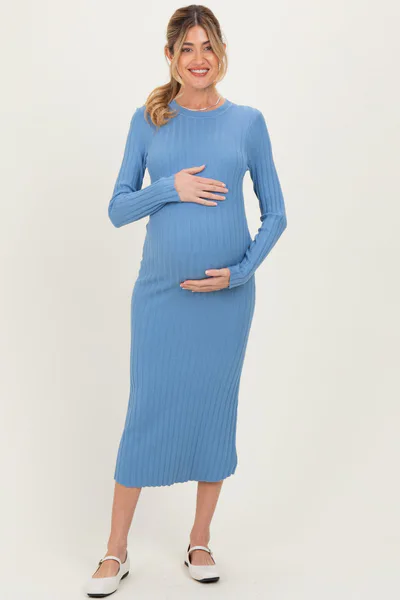 PinkBlush Blue Ribbed Knit Fitted Maternity Midi Sweater Dress
