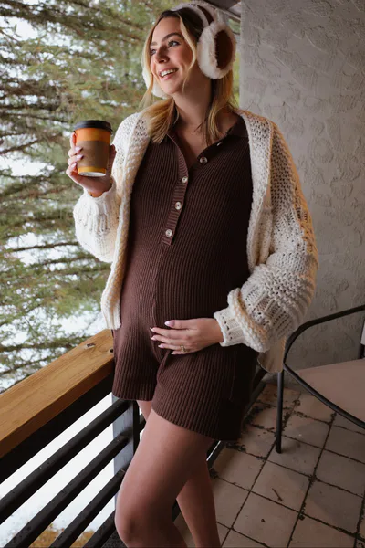 PinkBlush Brown Button Down Maternity Sweater Romper