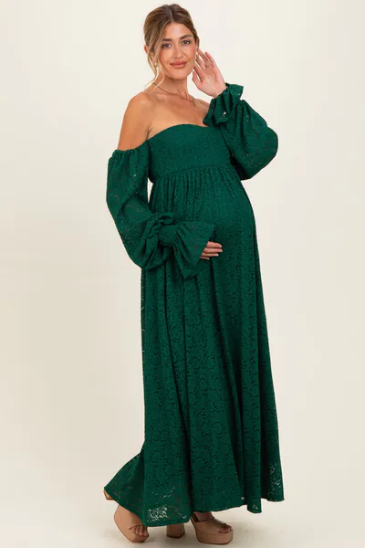 PinkBlush Hunter Green Lace Floral Long Sleeve Maternity Photoshoot Gown/Dress