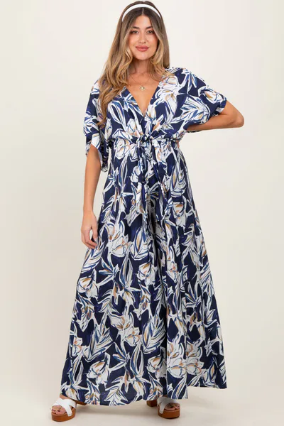 PinkBlush Blue Tropical Floral Maternity Maxi Dress