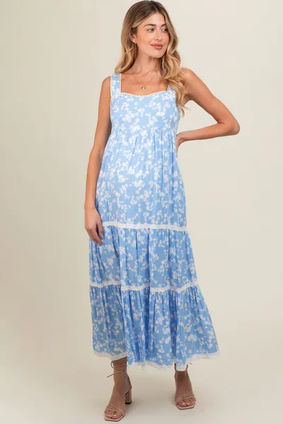 PinkBlush Light Blue Floral Lace Trim Tiered Maternity Maxi Dress