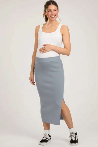 PinkBlush Grey Blue Rib Knit Maternity Midi Skirt