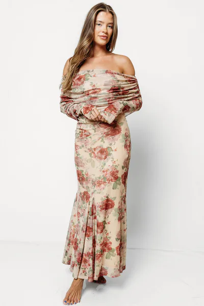 Worth Collective Azaleia Maxi Dress in Tan Floral - Bump Friendly (Size up for Bump) & Inclusive Sizing
