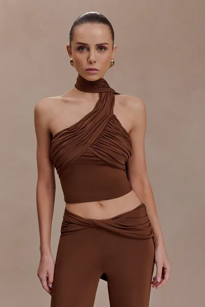 MESHKI Lydia Slinky Asymmetrical Halter Top - Chocolate