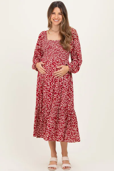 PinkBlush Red Floral Square Neck Maternity Maxi Dress