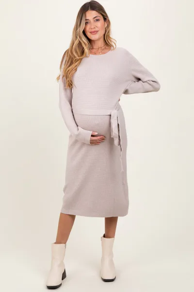 PinkBlush Taupe Waffle Knit Sash Tie Maternity Midi Sweater Dress