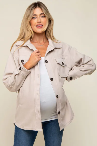 PinkBlush Beige Fleece Double Front Pocket Maternity Jacket
