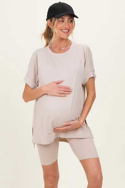 PinkBlush Sand Beige Hi-Low Short Sleeve Tee Biker Short Maternity Set