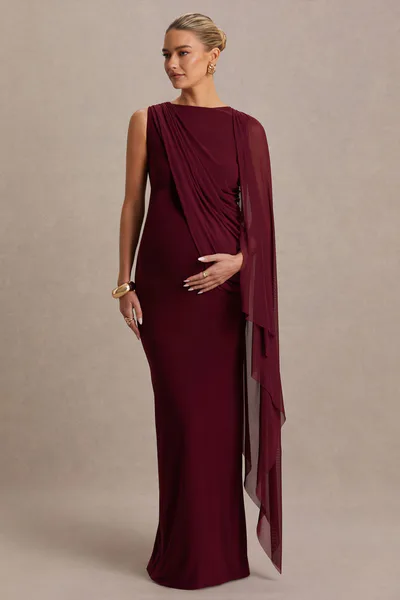 Club L London Cristina | Burgundy Slashed-Neck Maternity Maxi Dress With Cape-Sleeve