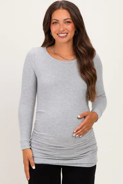 PinkBlush Grey Soft Knit Ruched Maternity Top