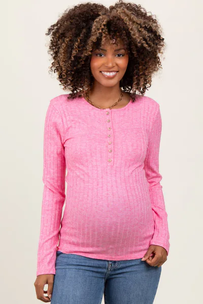PinkBlush Fuchsia Ribbed Knit Button Long Sleeve Maternity Top