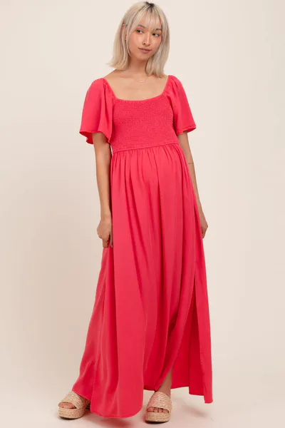 PinkBlush Coral Chambray Smocked Maternity Maxi Dress