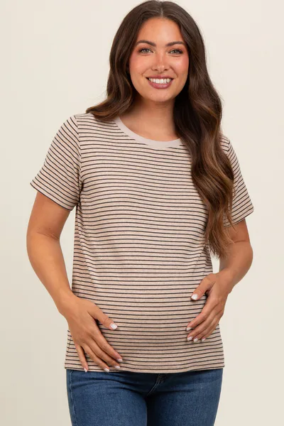 PinkBlush Beige Striped Short Sleeve Maternity Top