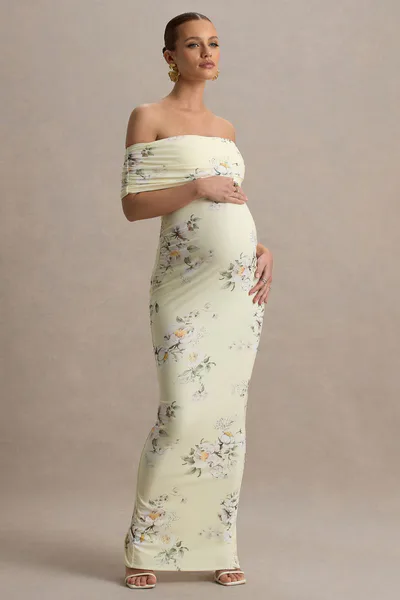 Club L London Cindy | Lemon Floral Bouquet Print Bardot-Neck Maternity Maxi Dress With Ruched Detail