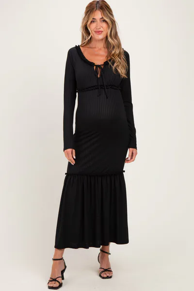 PinkBlush Black Ribbed Long Sleeve Ruffle Trim Off Shoulder Maternity Maxi Dress