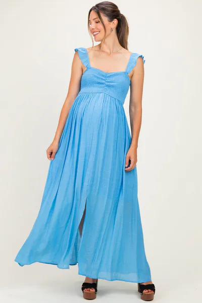 PinkBlush Blue Cinched Smocked Bust Sleeveless Maternity Maxi Dress