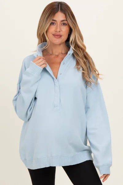 PinkBlush Light Blue Snap Collar Oversized Maternity Sweatshirt