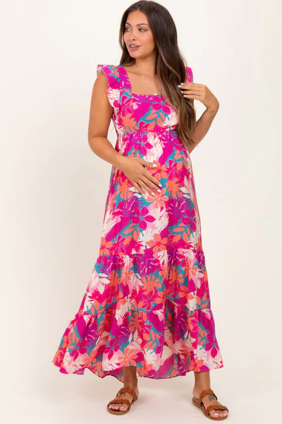 PinkBlush Magenta Tropical Floral Tiered Maternity Maxi Dress