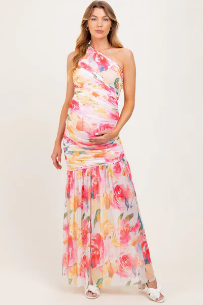 PinkBlush Pink Floral Ruched Mesh One Shoulder Maternity Maxi Dress