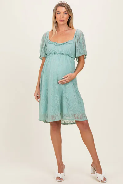 PinkBlush Sage Floral Lace Square Neck Ruffle Trim Maternity Maxi Dress