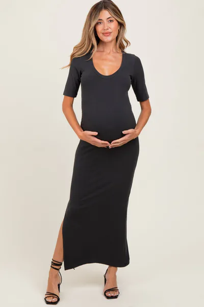 PinkBlush Charcoal Ruched Short Sleeve Side Slit Maternity Midi Dress