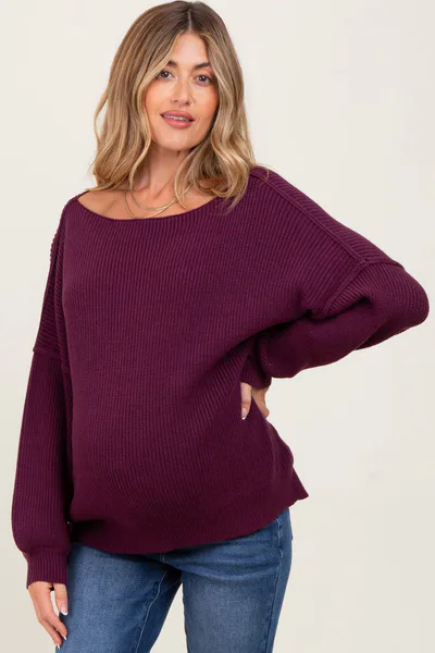 PinkBlush Plum Balloon Sleeve Boat Neck Knit Maternity Sweater