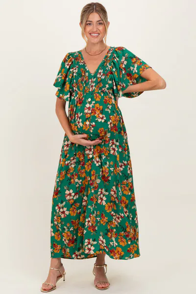 PinkBlush Hunter Green Fall Floral Short Sleeve V-Neck Maternity Maxi Dress
