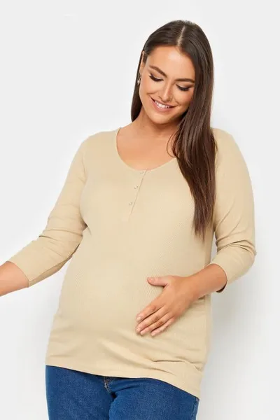 Yours Clothing BUMP IT UP MATERNITY Beige Brown Ribbed Popper Fastening Top