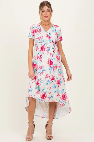 PinkBlush Taupe Floral Print Short Sleeve Hi-Low Maternity Wrap Dress
