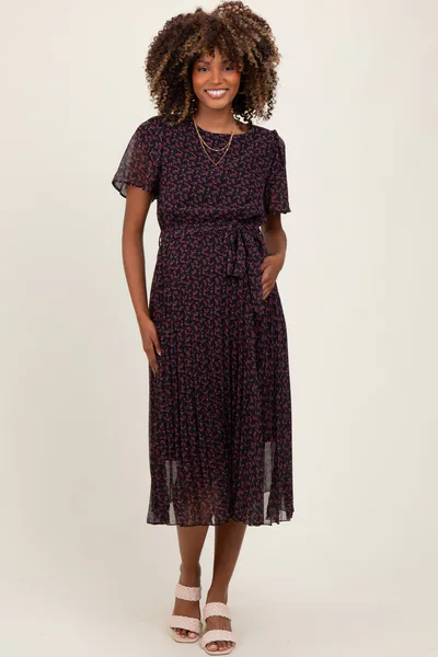PinkBlush Black Micro Floral Pleated Maternity Midi Dress