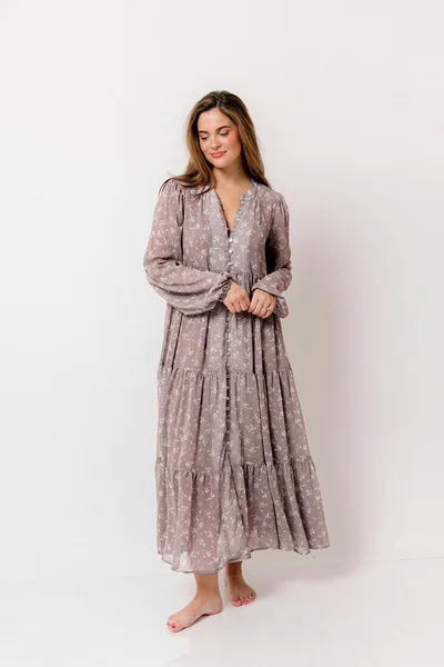 Worth Collective Anna Floral Print Button Front Duster Maxi W/Slip in Mocha Multi - Bump Friendly