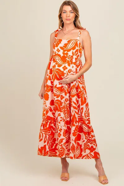 PinkBlush Orange Tropical Floral Shoulder Tie Tiered Maternity Midi Dress