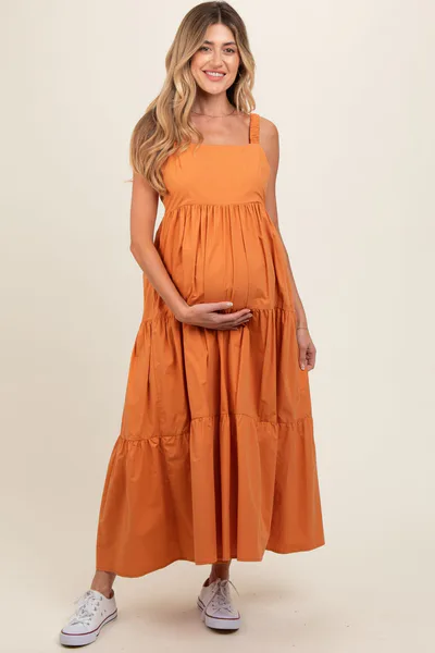 PinkBlush Orange Square Neck Cut Out Back Tiered Maternity Maxi Dress