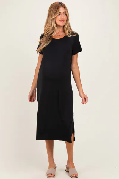 PinkBlush Black Side Slit Maternity Midi Dress
