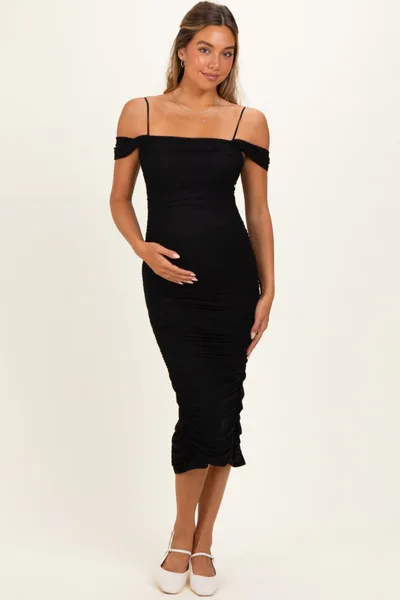 PinkBlush Black Ruched Mesh Off Shoulder Maternity Midi Dress