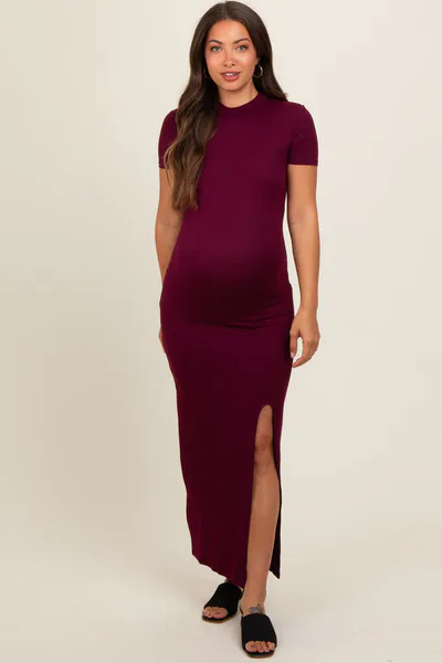 PinkBlush Burgundy Mock Neck Front Slit Short Sleeve Maternity Maxi Dress