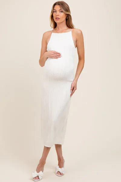 PinkBlush Ivory Textured Sleeveless Fitted Maternity Midi Dress