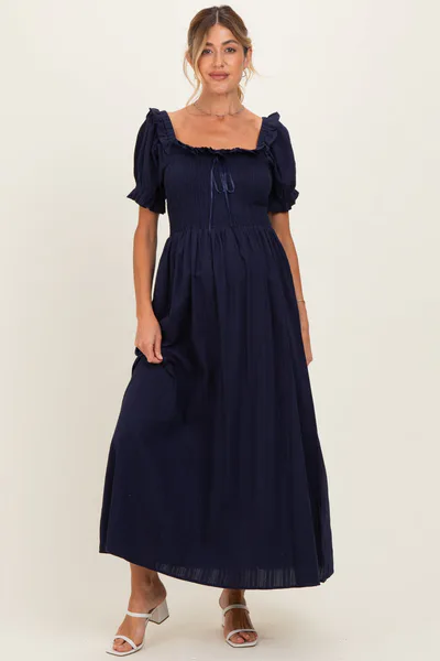 PinkBlush Navy Smocked Ruffle Accent Ribbon Tie Maternity Maxi Dress