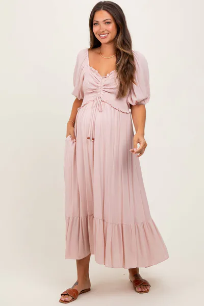 PinkBlush Light Pink Smocked Cinched Front Maternity Maxi Dress