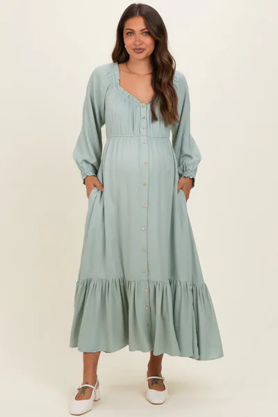 PinkBlush Sage Off Shoulder Button Accent Maternity Maxi Dress