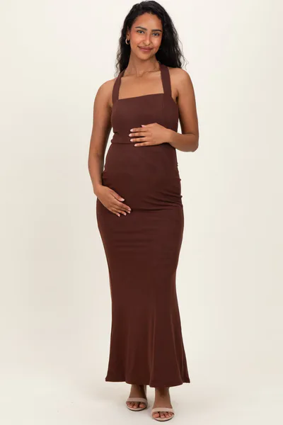 PinkBlush Brown Halter Neck Maternity Maxi Dress